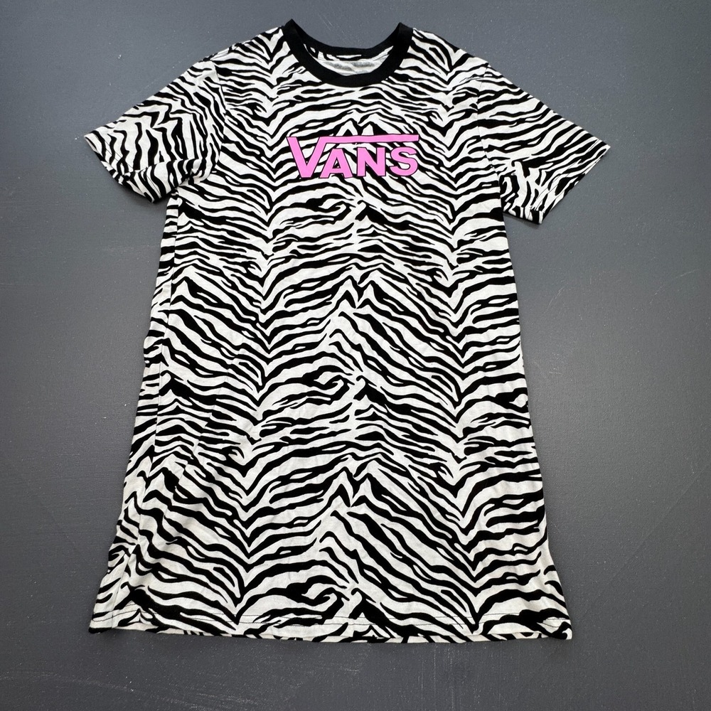 Vans Girls Medium Zebra Print T‑Shirt Dress Youth M 10–12 Black White Pink Logo